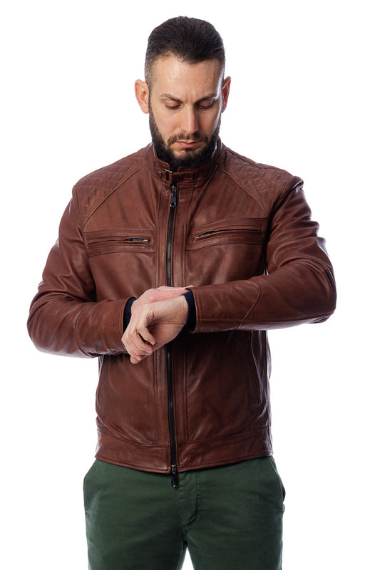Giacca in vera pelle con zip uomo Scab marrone
