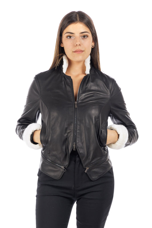 Giacca in vera pelle donna STAK con collo e polso in rex bianco