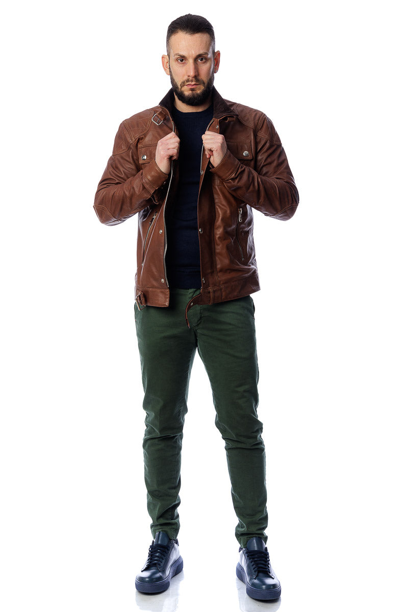 Giacca in vera pelle uomo con zip Bel marrone
