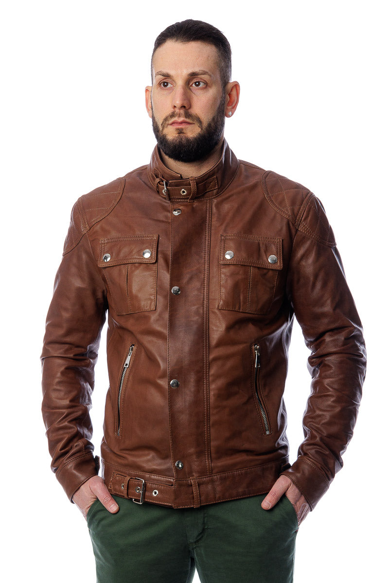 Giacca in vera pelle uomo con zip Bel marrone