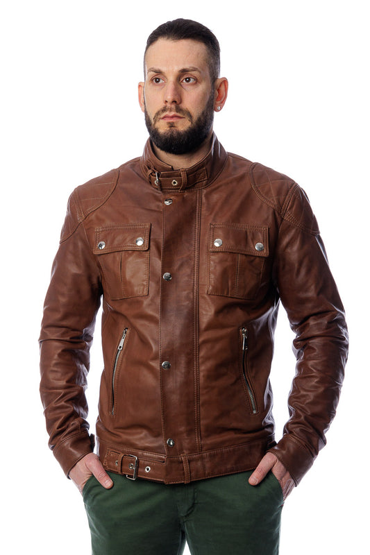Giacca in vera pelle uomo con zip Bel marrone