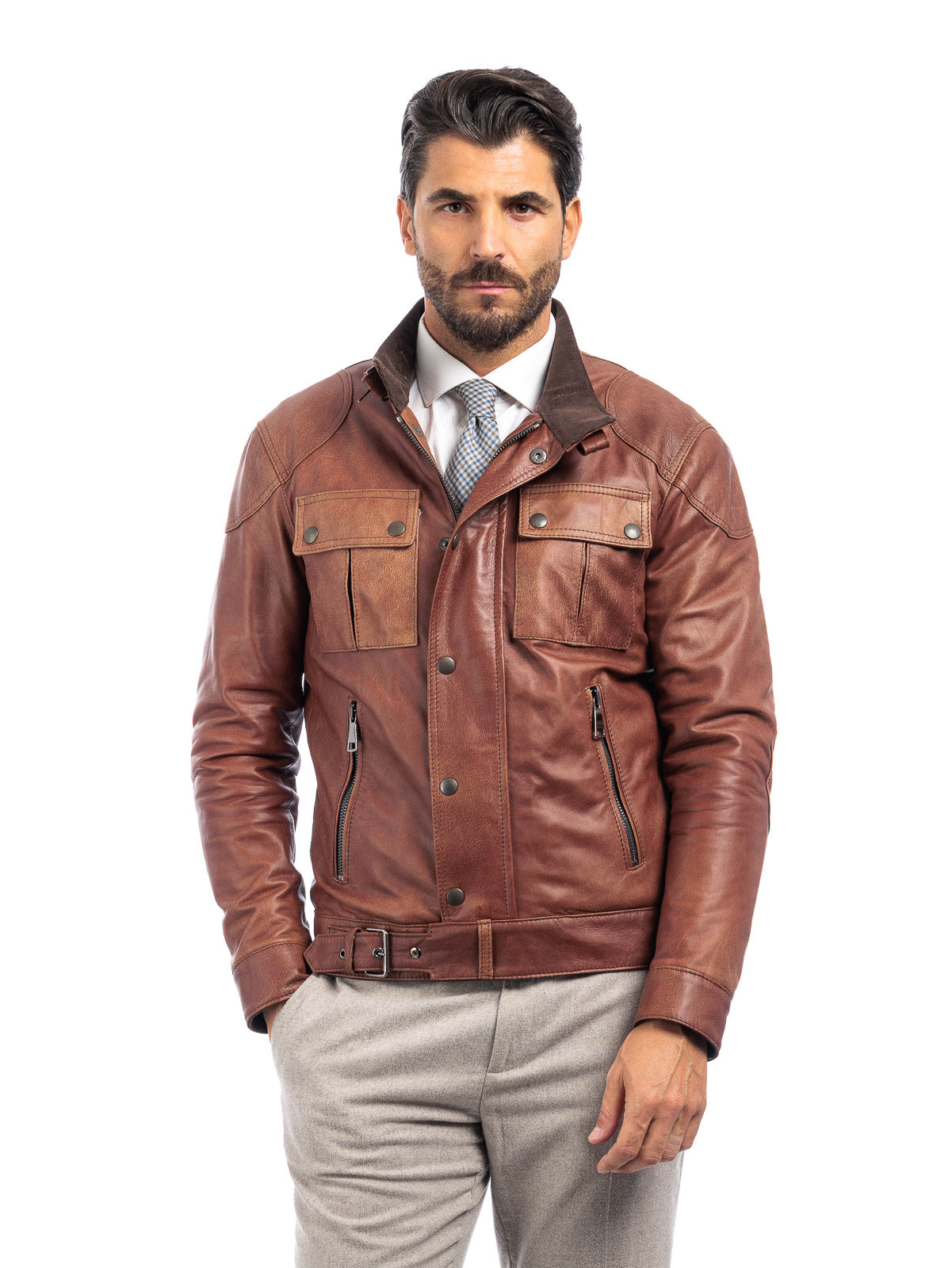 Giacca in vera pelle uomo con zip BELL marrone