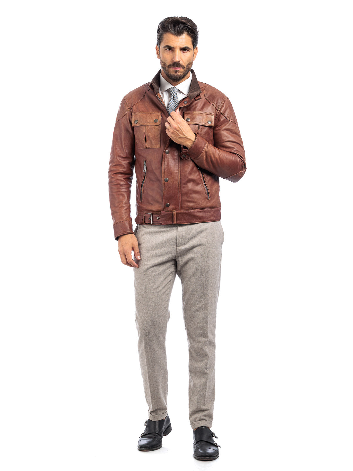 Giacca in vera pelle uomo con zip BELL marrone