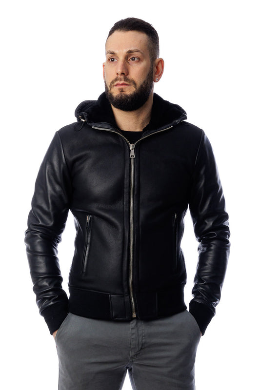 Bomber in vera pelle uomo con zip Polo Shearling nero