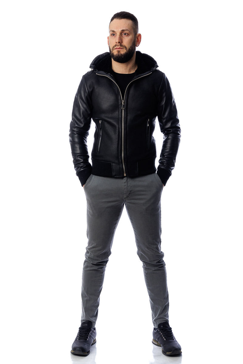 Bomber in vera pelle uomo con zip Polo Shearling nero