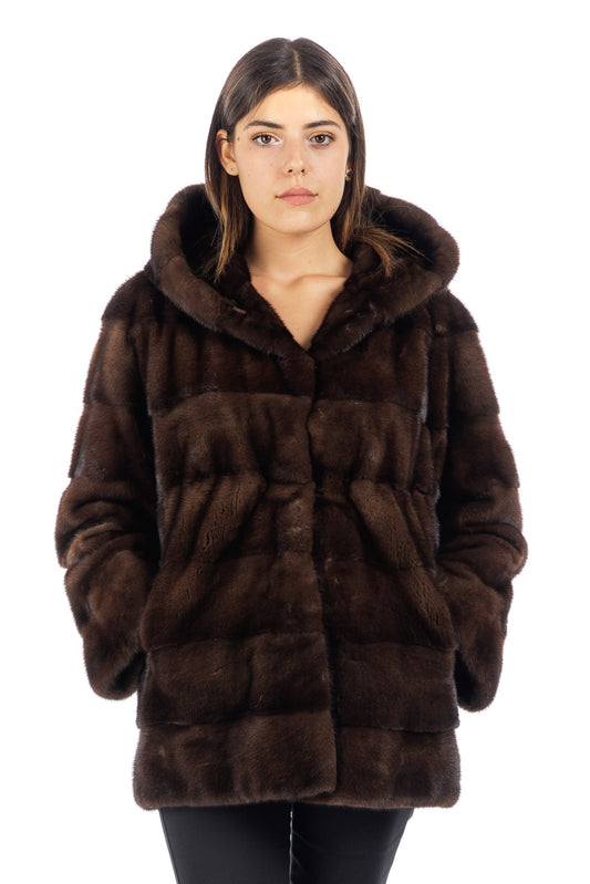 Giacca lunga in pelliccia donna Visone demy buff con Cappuccio