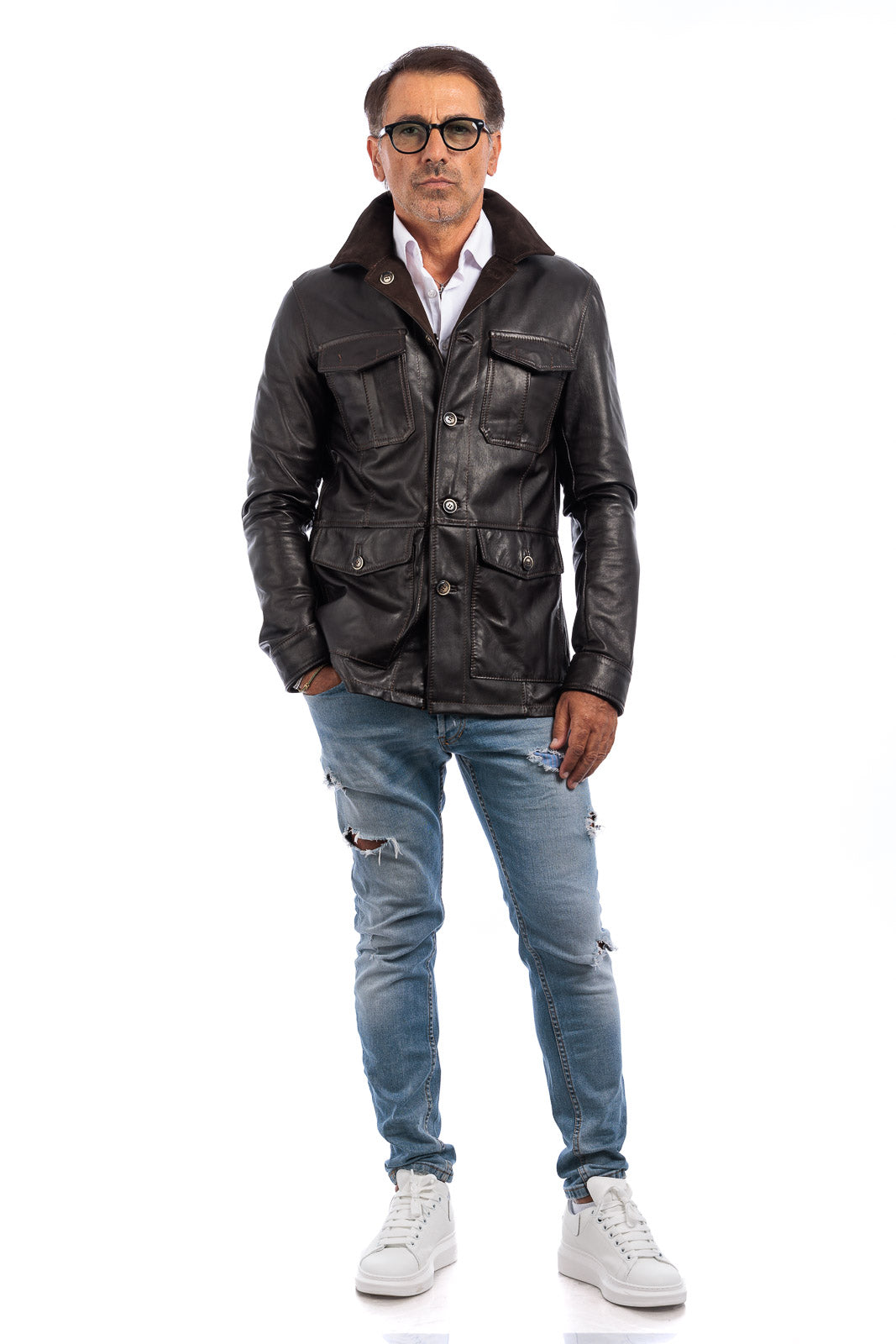 Giacca sahariana double face in pelle e camoscio idrorepellente uomo testa di moro