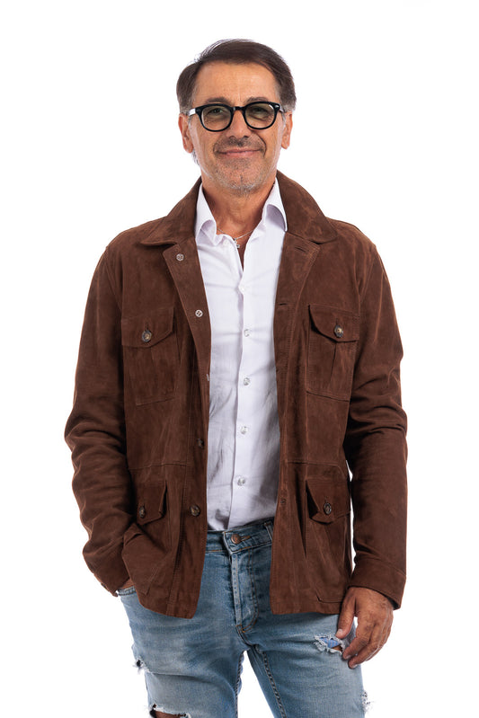 Giacca sahariana in camoscio uomo testa di moro IDROREPELLENTE