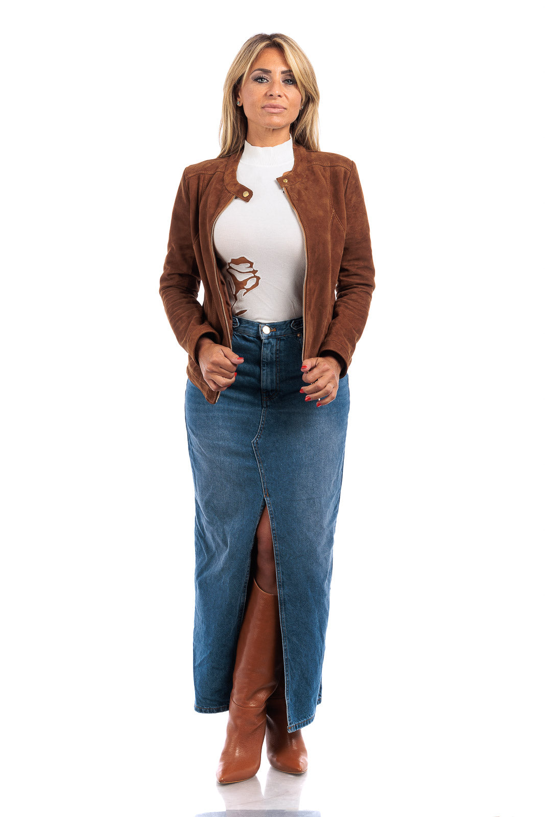 Giacca tabacco in camoscio di renna donna con zip PIT