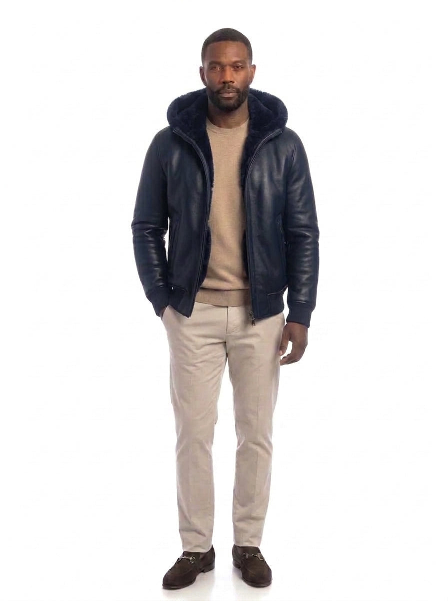 Bomber montone uomo con zip Polo Shearling blu