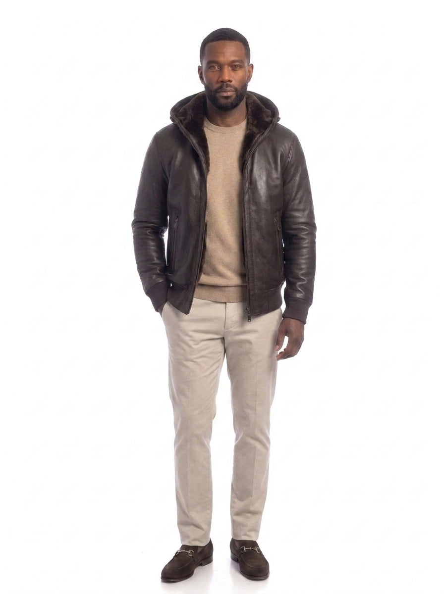 Bomber montone uomo con zip Polo Shearling testa di moro