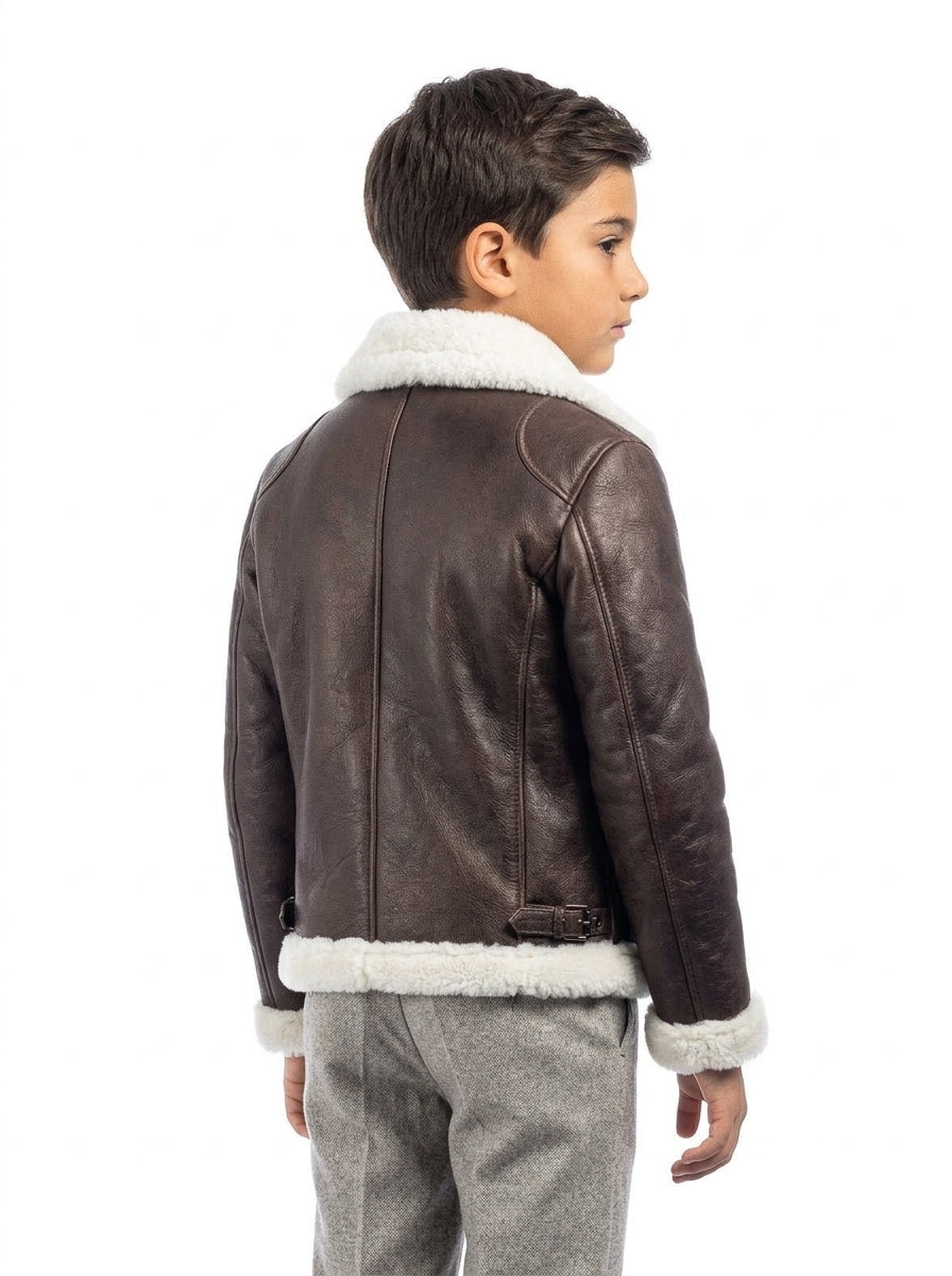 Bomber 77 in montone marrone pelo bianco con zip bambino