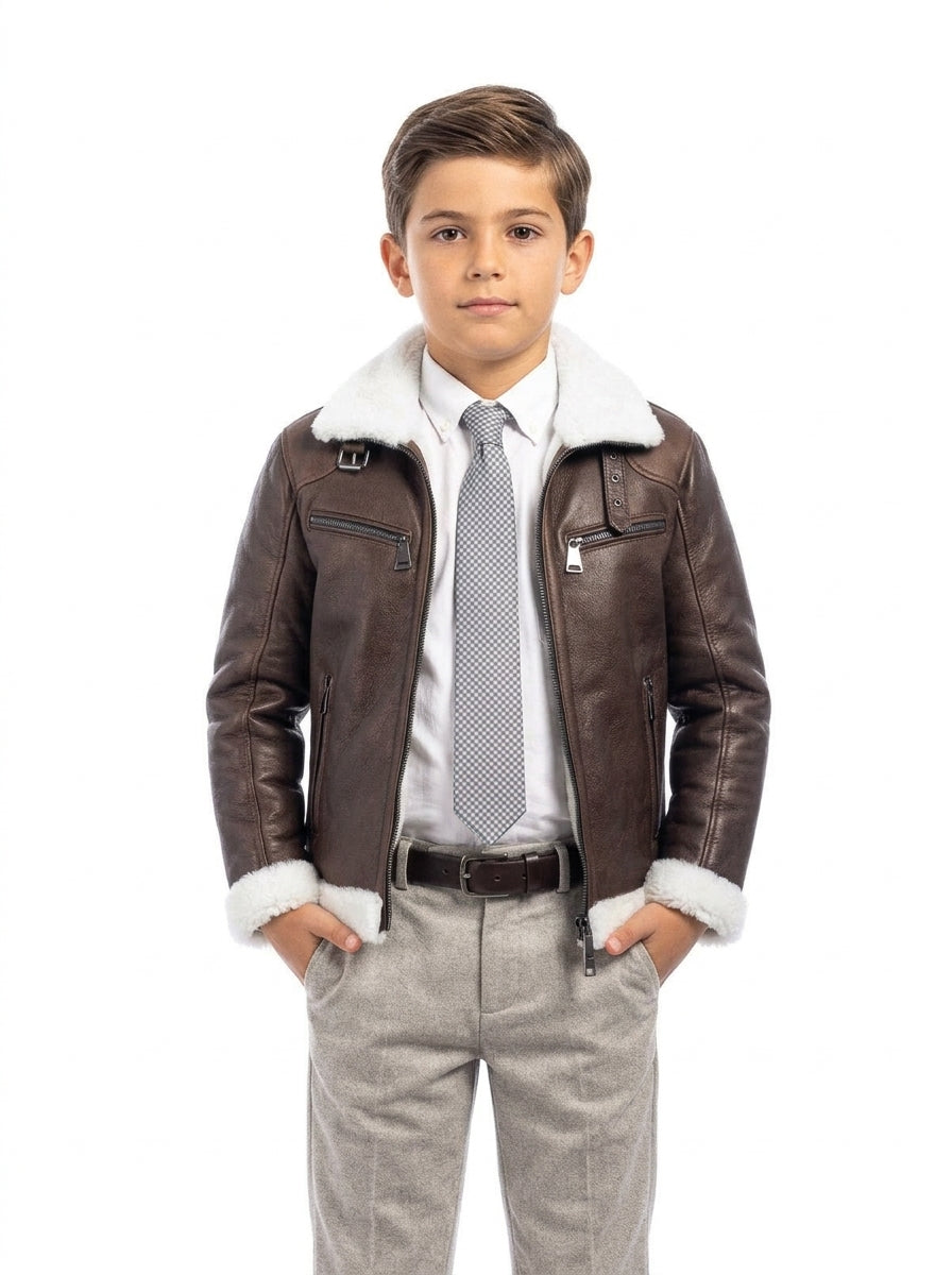 Bomber 77 in montone marrone pelo bianco con zip bambino