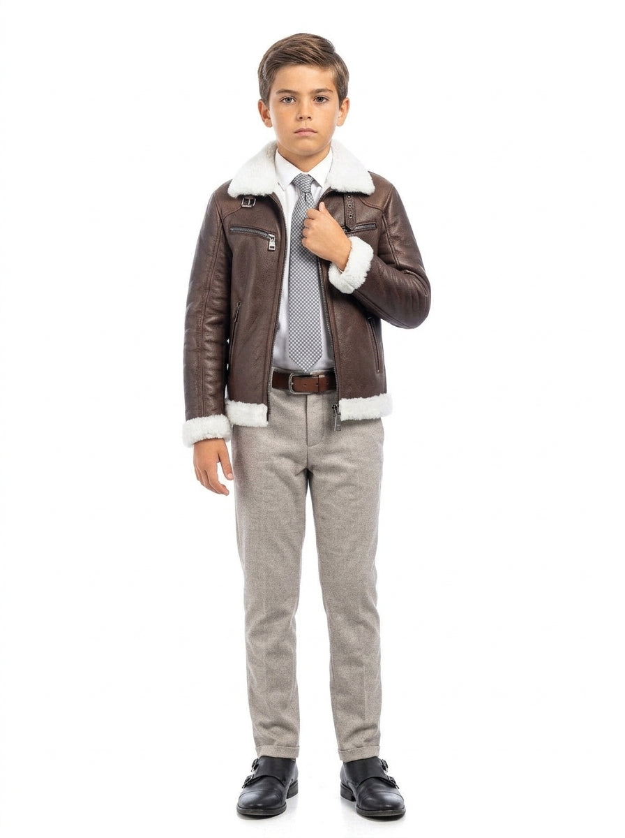 Bomber 77 in montone marrone pelo bianco con zip bambino