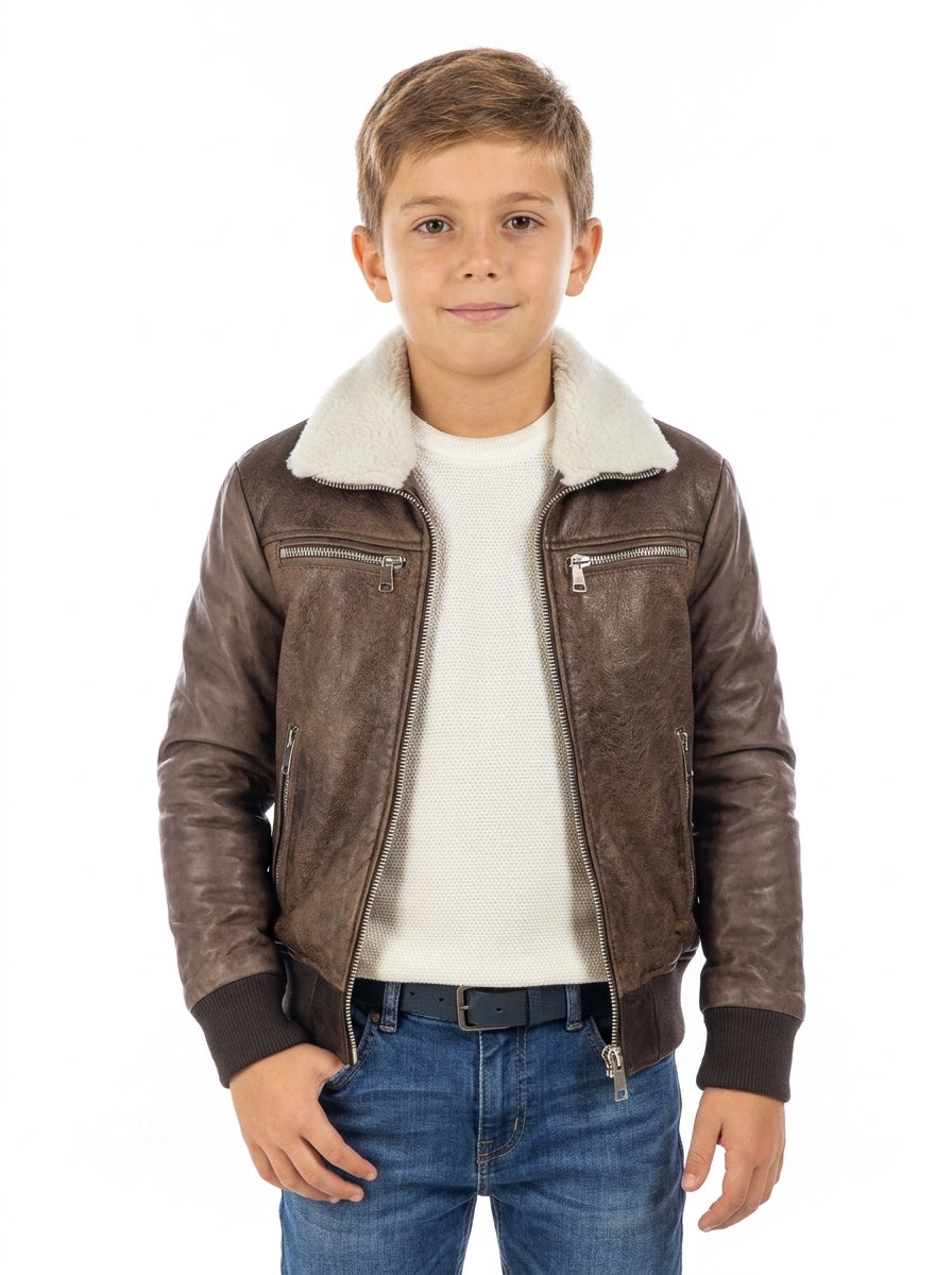 Bomber montone shearling marrone pelo bianco bambino