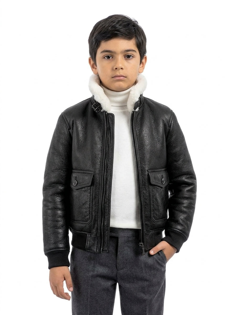 Bomber interamente in montone nero pelo bianco con zip VAST bambino