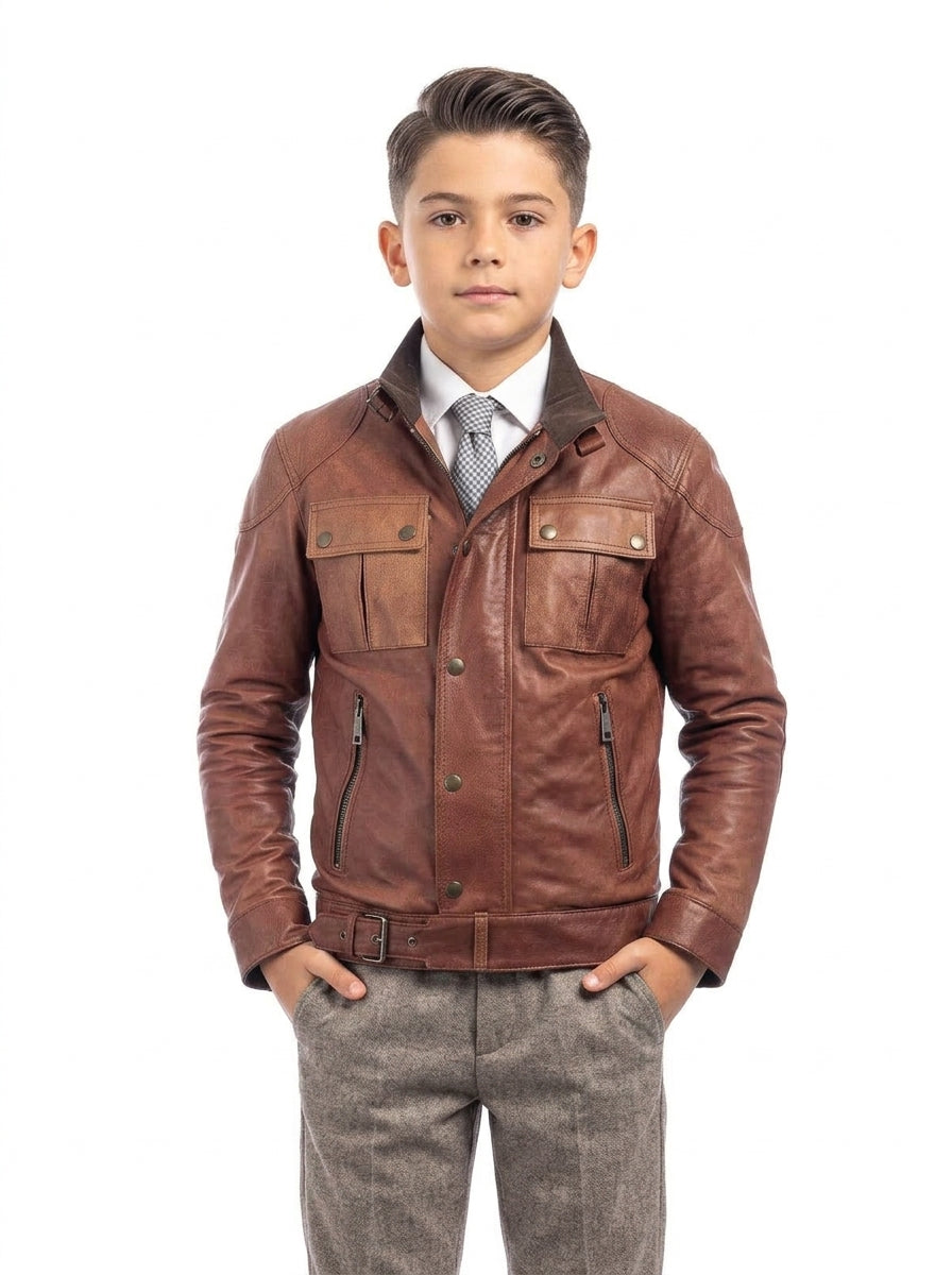 Giacca in vera pelle con zip BELL marrone bambino
