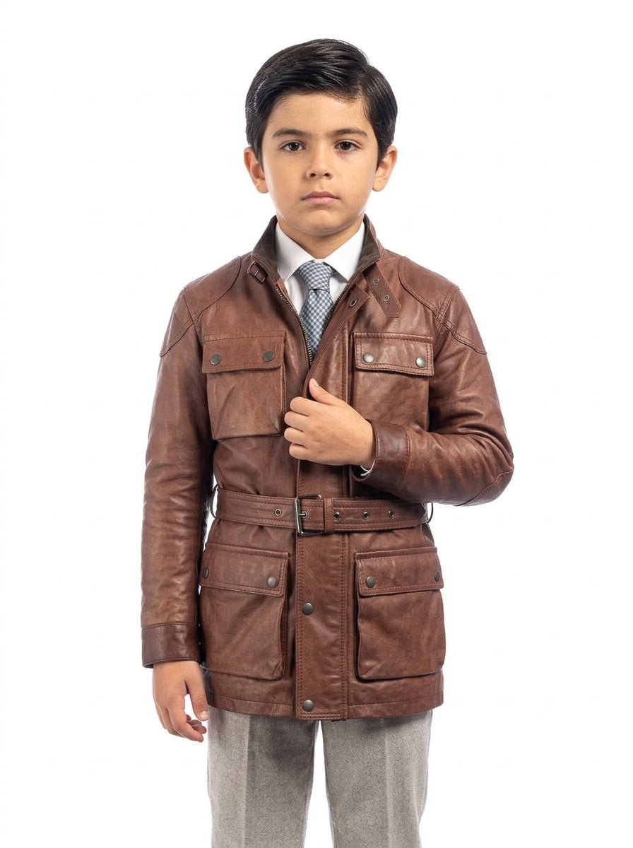 Giacca in vera pelle BELL + con zip marrone bambino