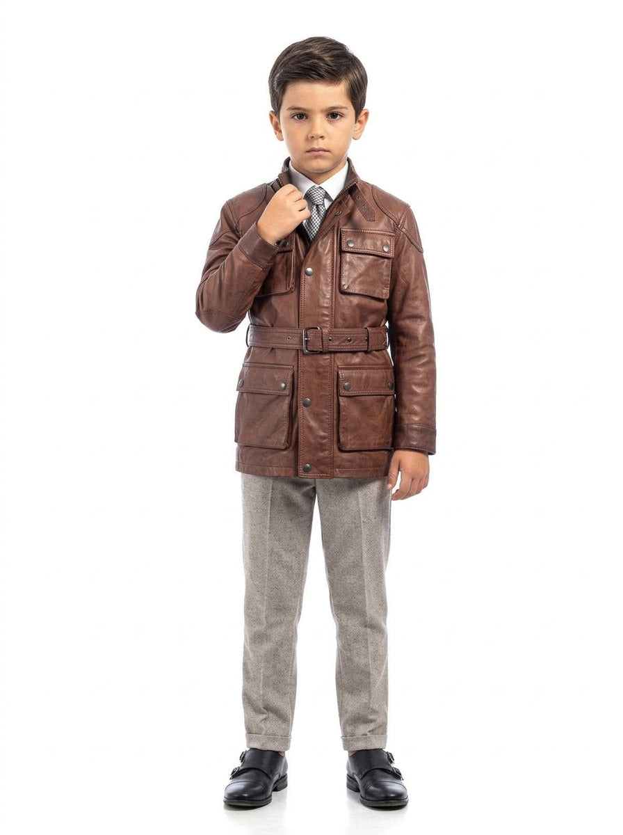 Giacca in vera pelle BELL + con zip marrone bambino