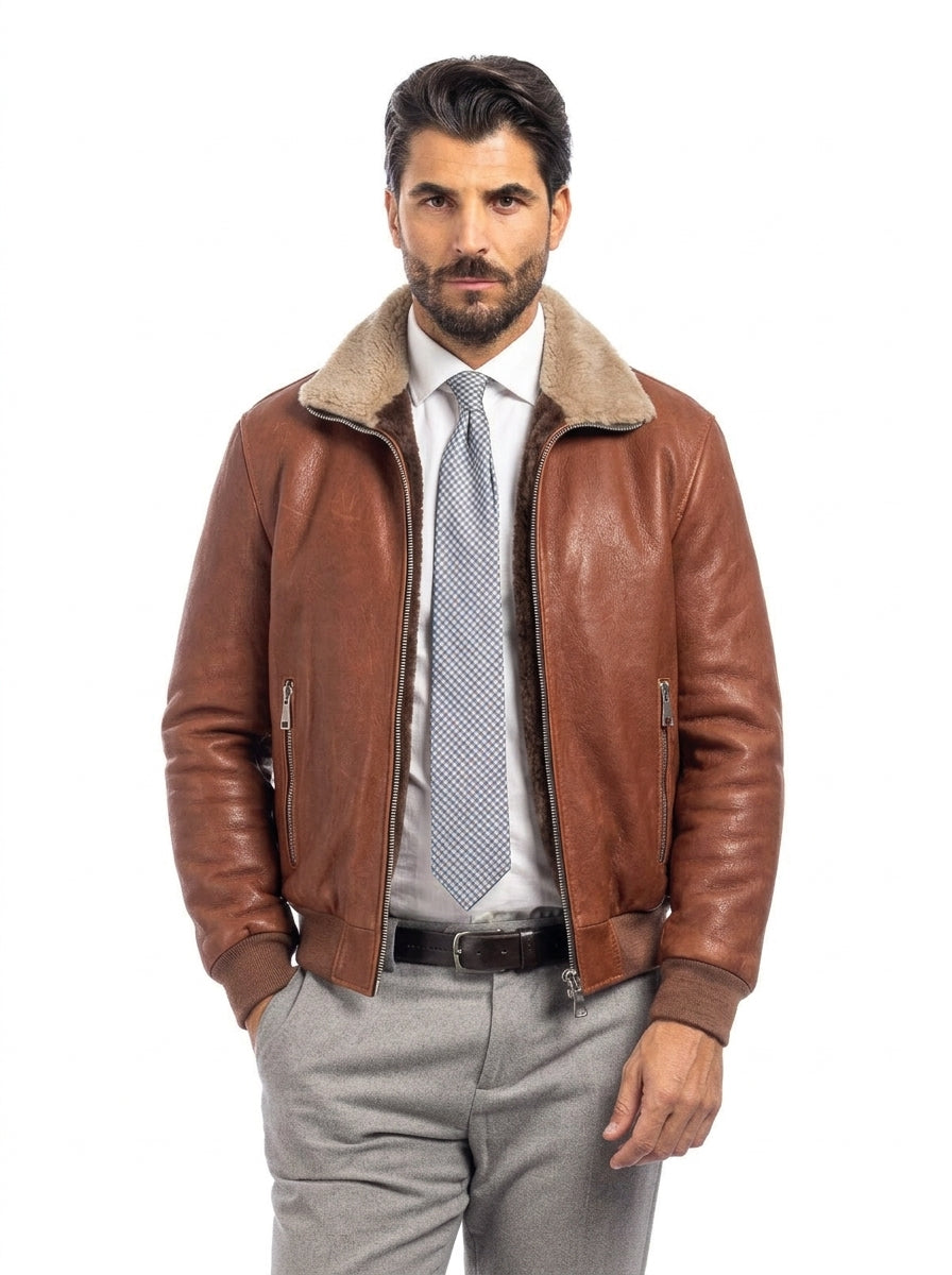 Bomber montone vegetale cuoio pelo beige uomo