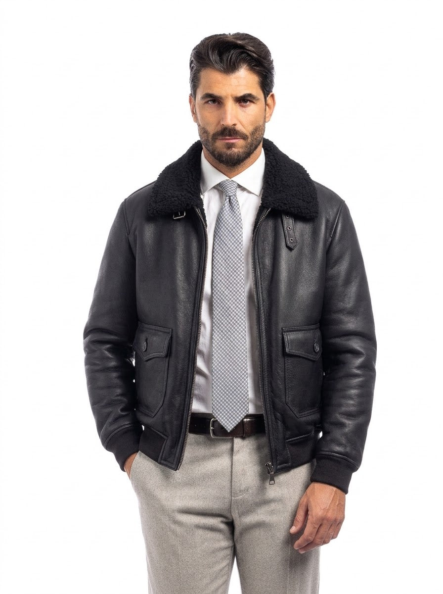 Bomber interamente in montone nero pelo nero con zip VAST