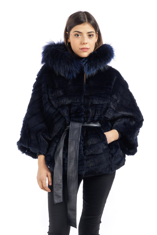 Mantella in Lapin blu con cintura annodata in pelle