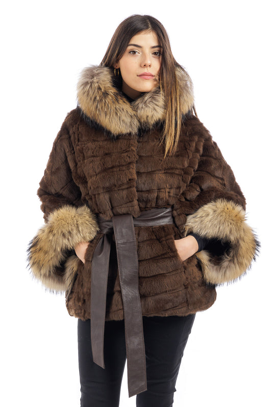 Mantella in Lapin marrone con cintura annodata in pelle