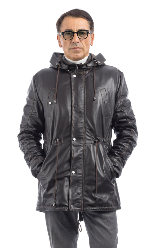 Parka uomo in vera pelle con zip testa di moro
