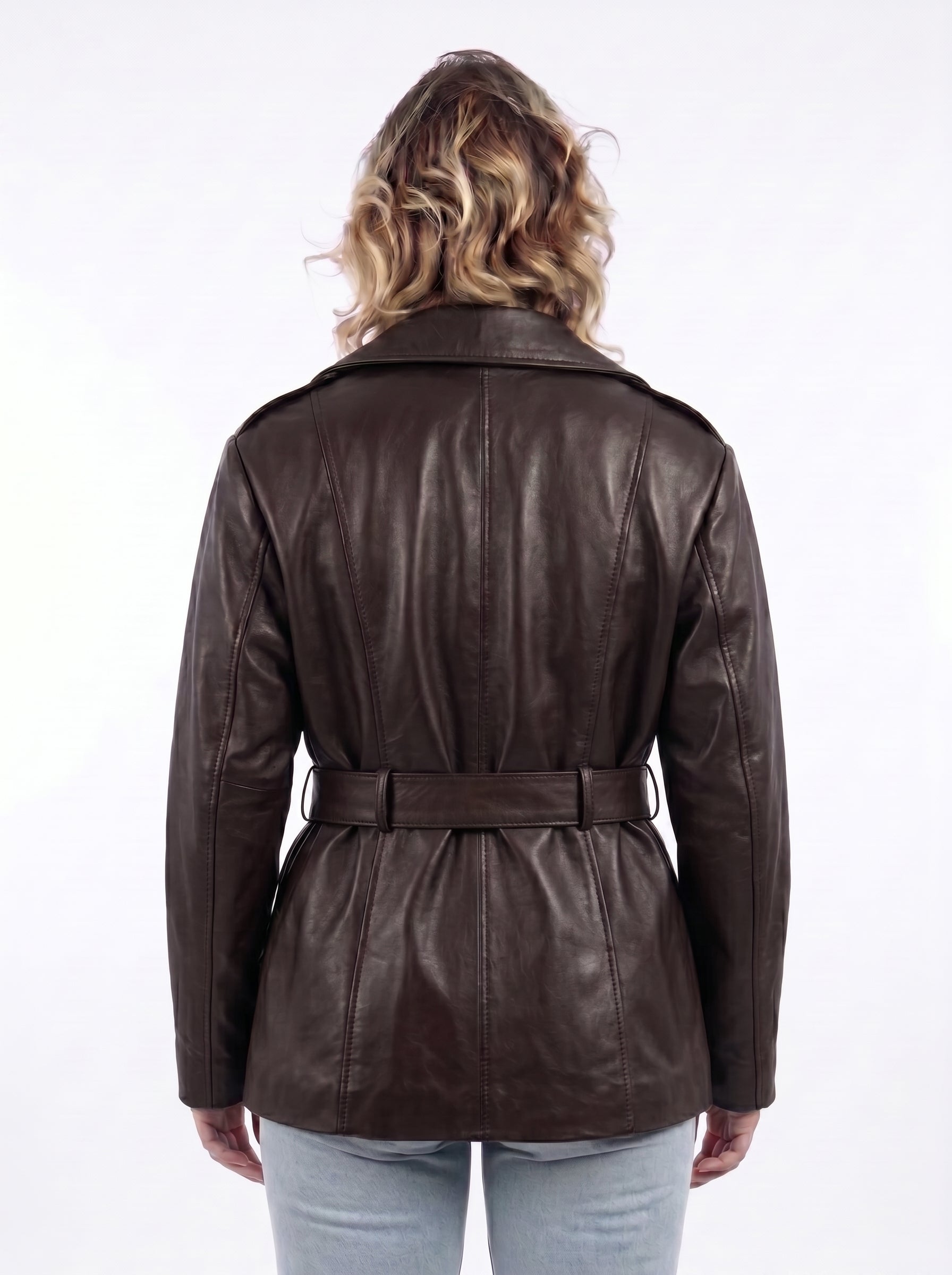 Giacca doppiopetto in pelle donna testa di moro con cintura